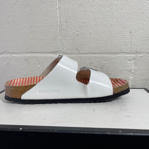 Birkenstock Arizona White Leather Striped Sandals Slip On Women's 38 EU/7 US - Picture 2 of 9